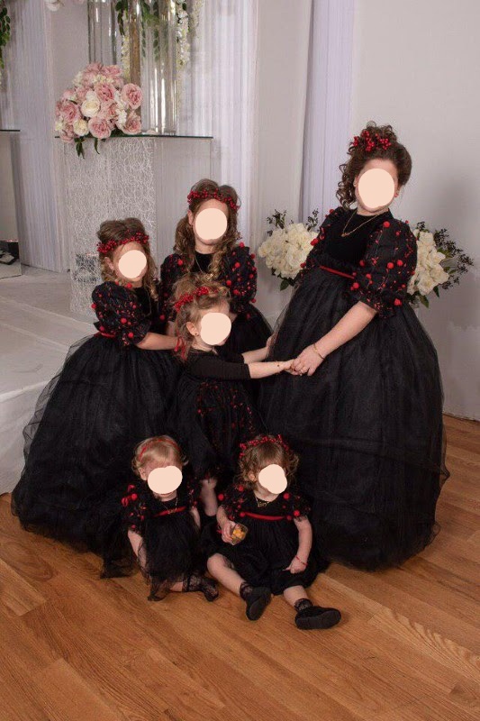 Six Adorable Custom made Velvet & Tulle Black & Red Girls Gowns for sale
