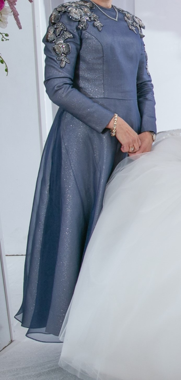 Magnificent Custom Made Hand Beaded Blue and Silver gown for sale