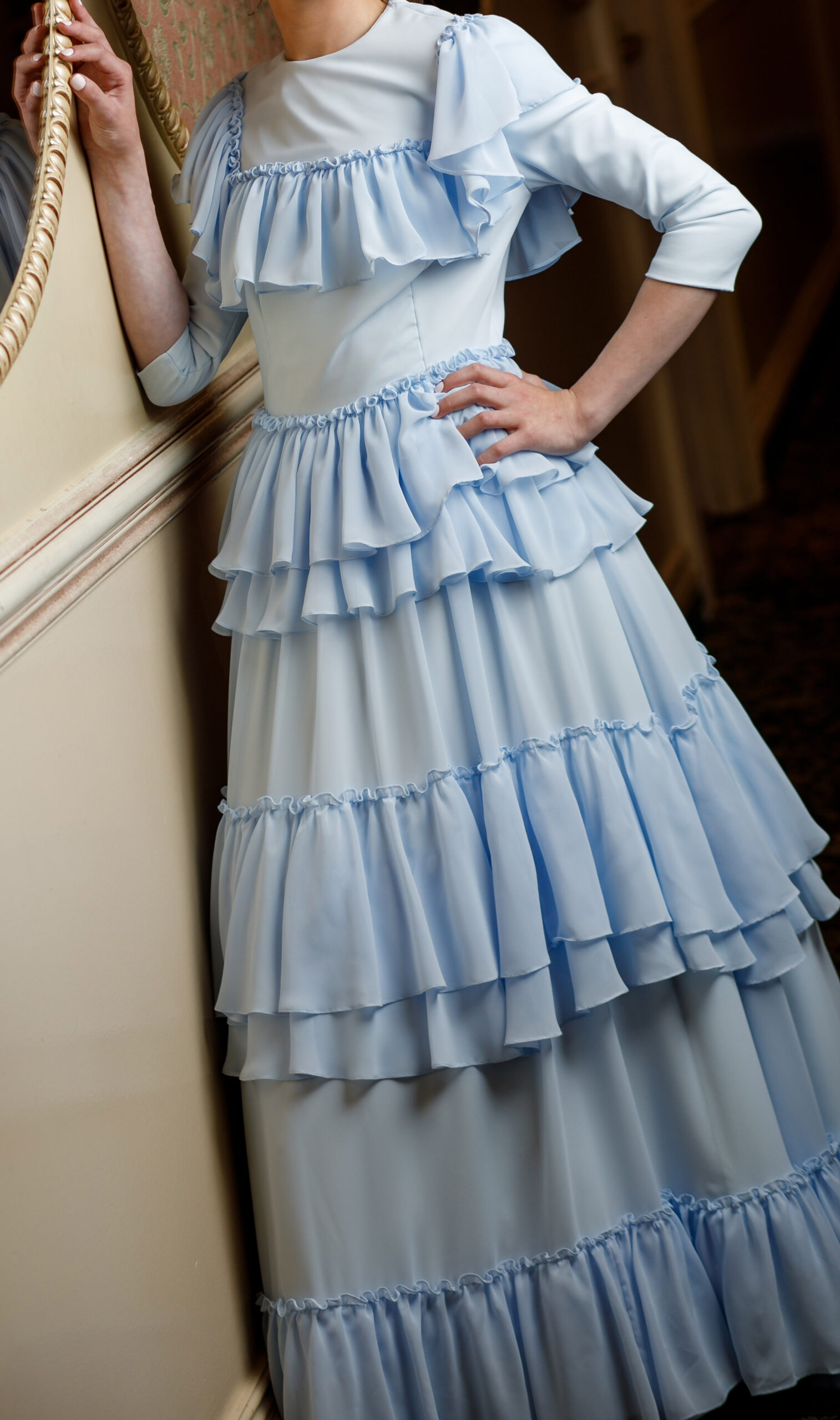 Elegant custom made light blue tiered gown for sale