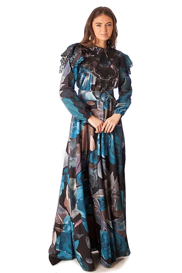 Slenderizing multi colored floral printed gown for sale
