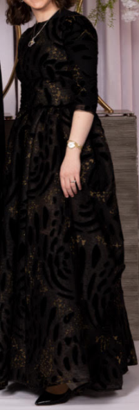 Beautiful designer cut velvet black and gold gown for sale