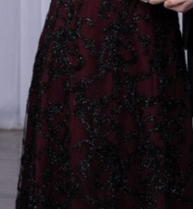 Beautiful burgundy/wine gown with black detail for sale