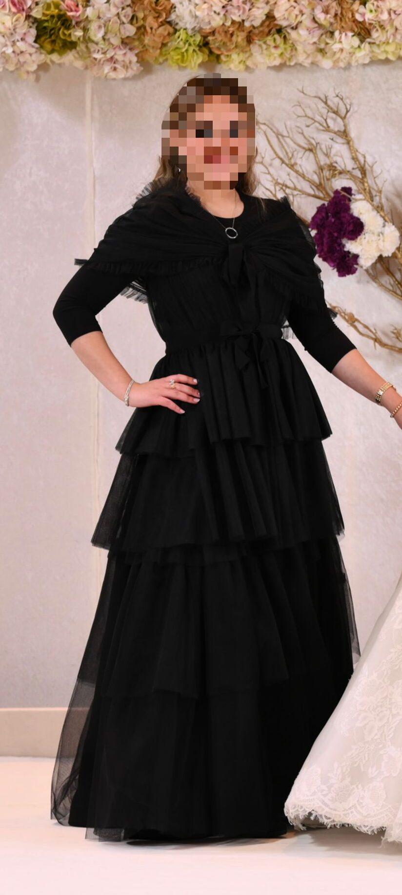 Designer black sister of the bride gown with draped shoulders for sale