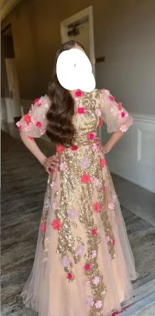 custom pink/gold gown with ornate flowers for sale