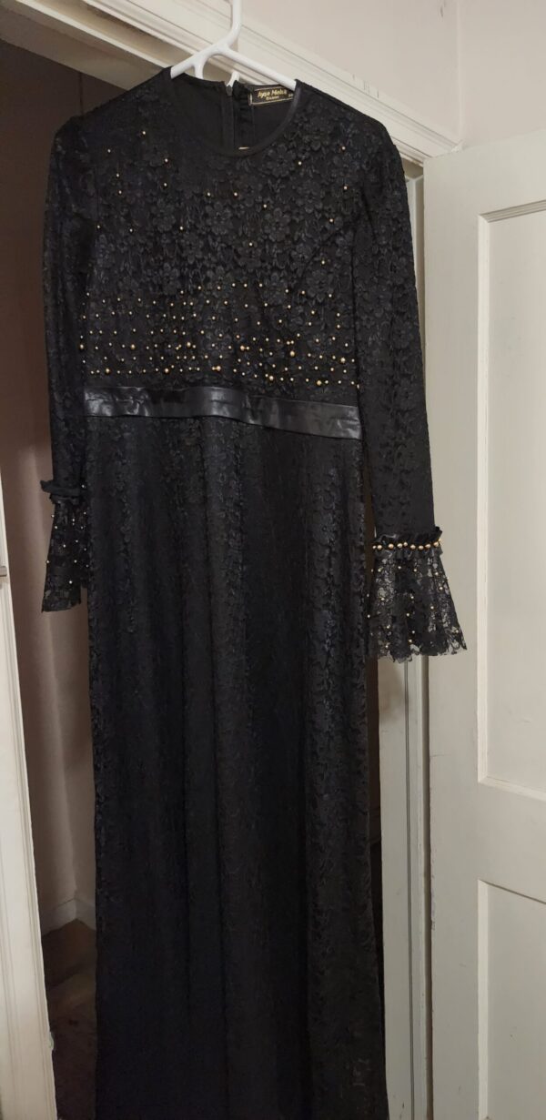 Black lace gown with gold beads for sale
