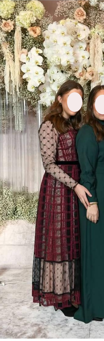 Designer burgundy and pink lace gown for sale