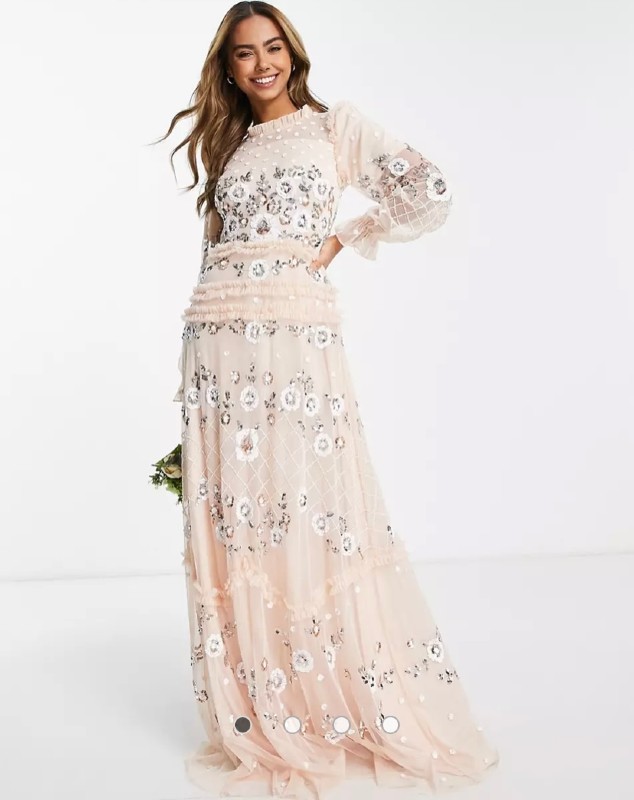 Beautiful blush/pink tulle embroidered gown for sale