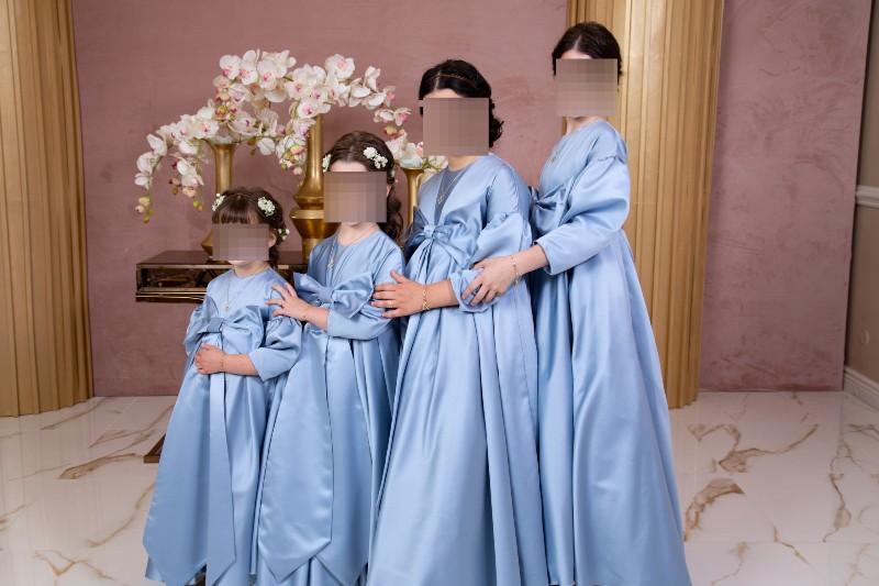 Four blue satin girls gowns/dresses for sister of the bride for Rent/Sale
