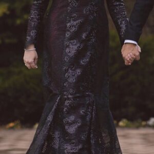 Dark Burgundy with black lace overlap gown for sale