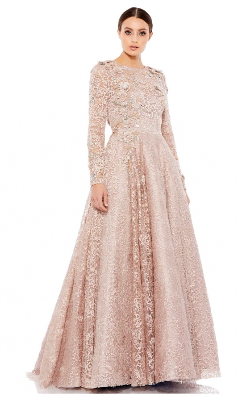 Stunning Long sleeve a line floral applique gown by Mac Duggal for sale