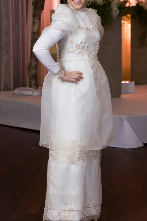 Beautiful Ivory and Gold Organza Gown for Sale