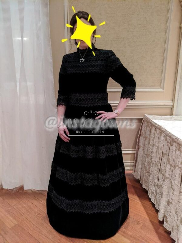 Beautiful custom made black velvet and lace Gown for sale