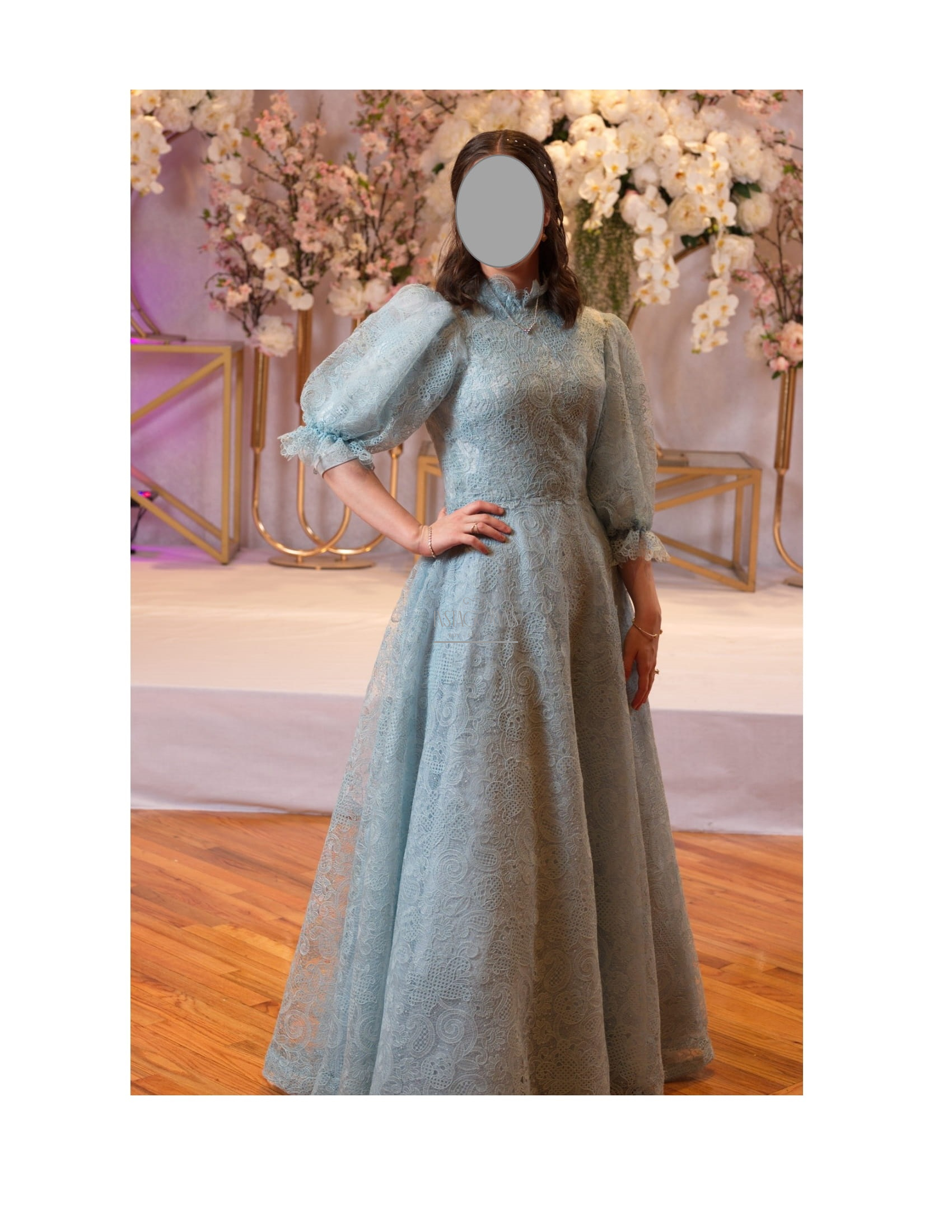 Stunning sea blue custom full lace gown for rent/sale