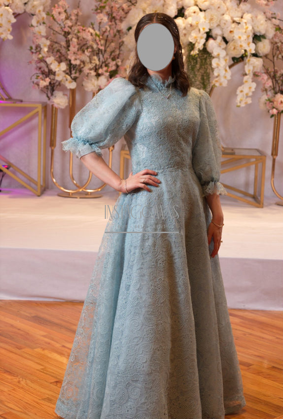 Stunning sea blue custom full lace gown for rent/sale