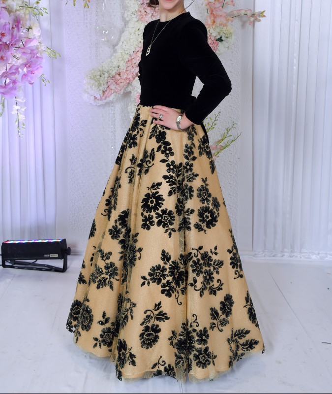 Elegant gold and black sister of the bride gown for sale