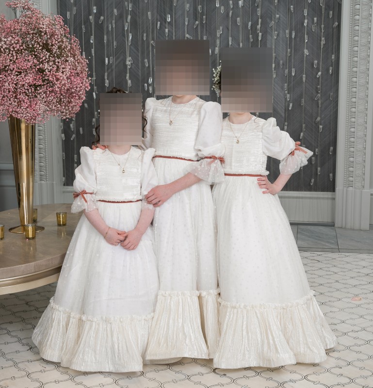 3 Stunning custom made children's gown-off white with mauve trimming for sale