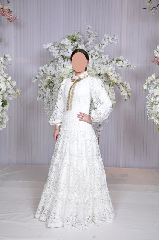 $2300 Miri’s Couture White and Gold Floral Print Gown for Mother/Sister of the Bride