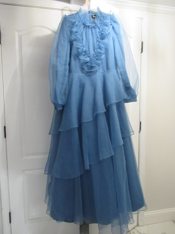 Slenderizing 3 Tiered Ruffle Front Blue Gown for sale