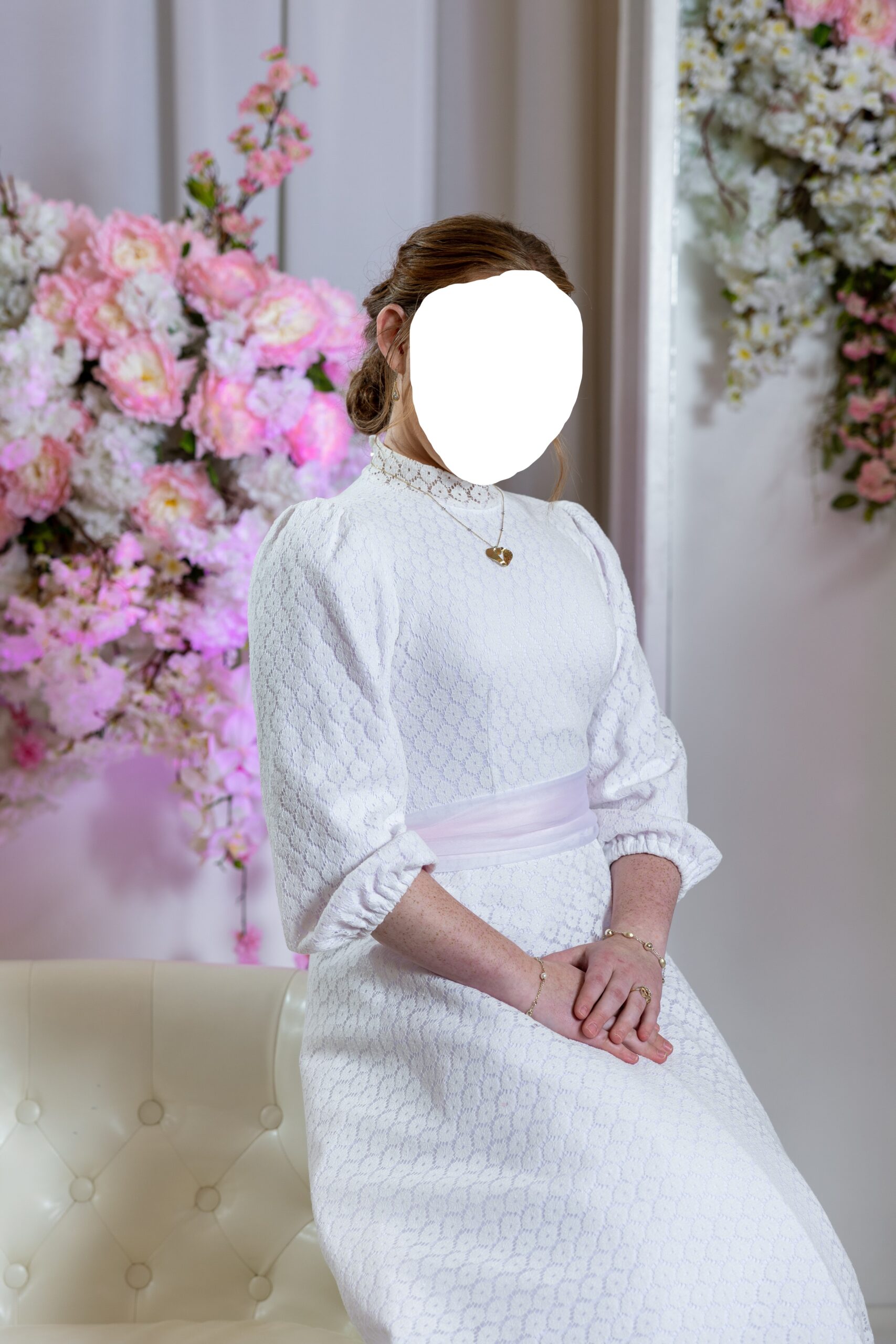 Beautiful ivory lace and pink belt sister of the bride gown for sale