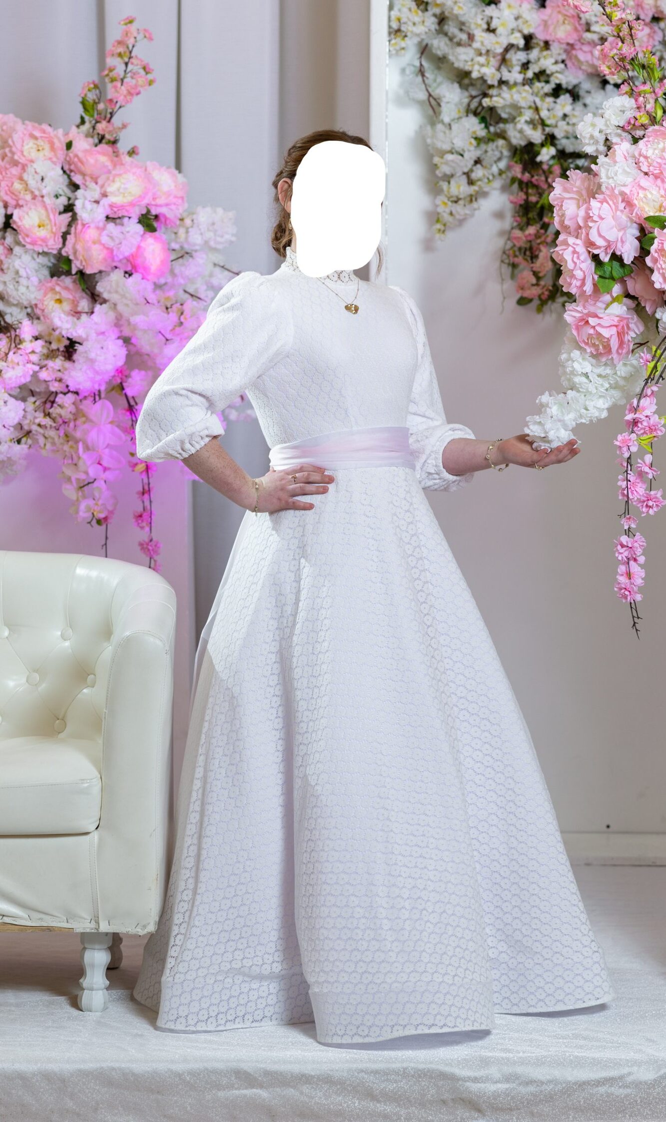 Beautiful ivory lace and pink belt sister of the bride gown for sale