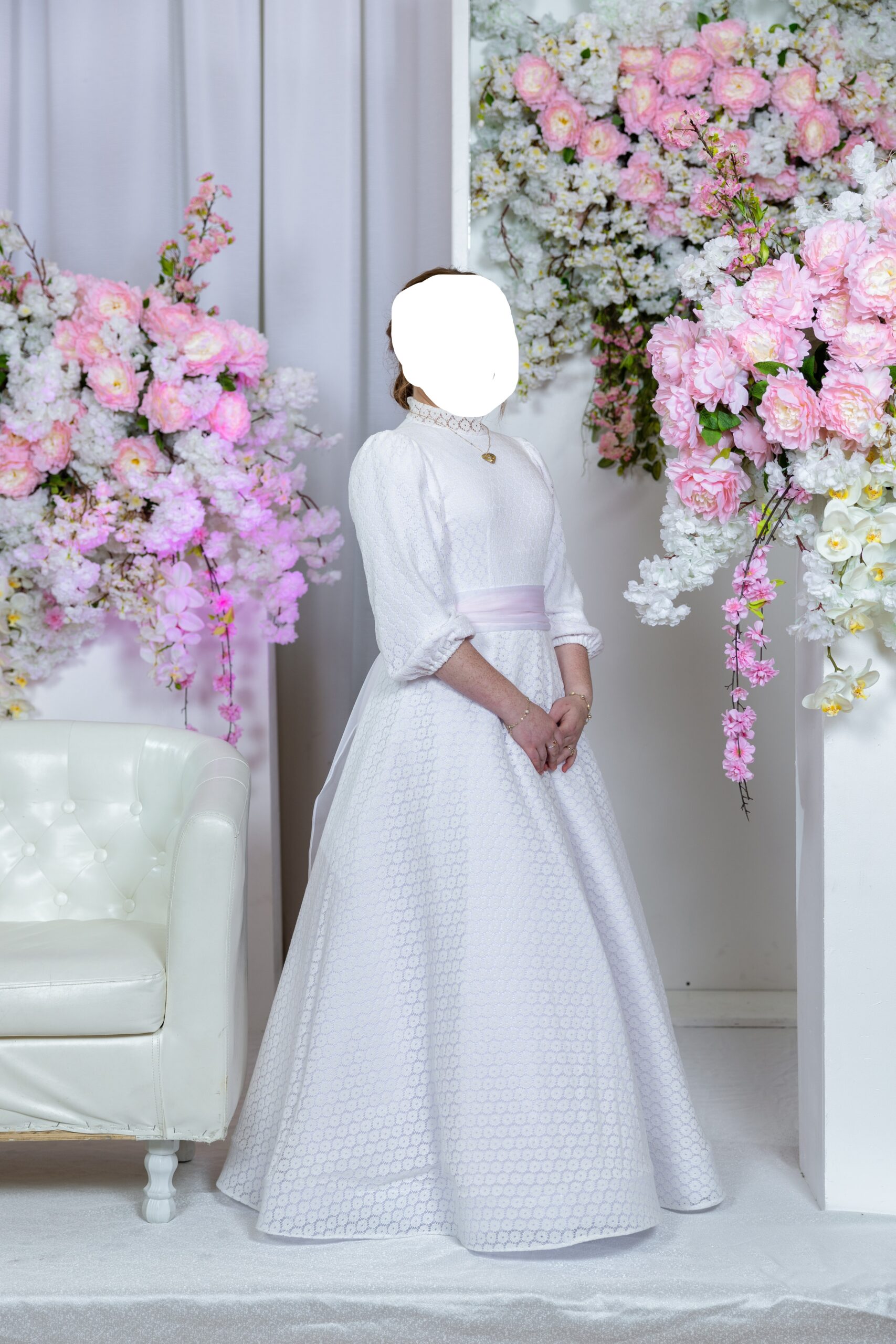 Beautiful ivory lace and pink belt sister of the bride gown for sale