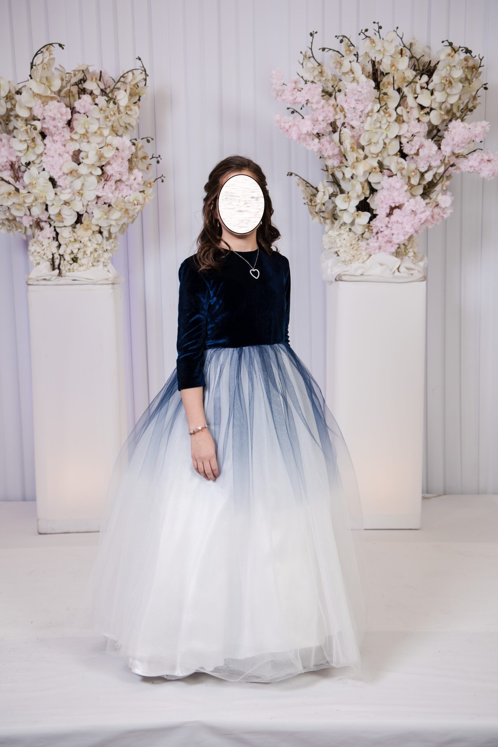 Beautiful blue and white velvet childrens bridesmaid's gowns for sale