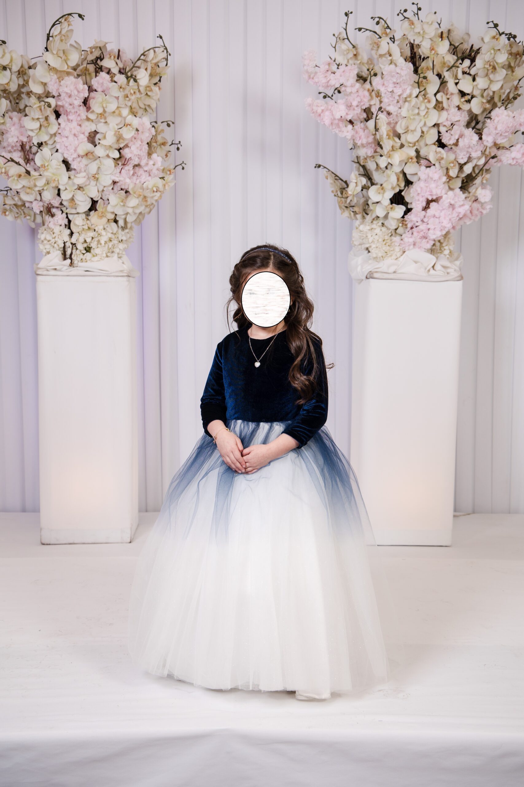 Beautiful blue and white velvet childrens bridesmaid's gowns for sale