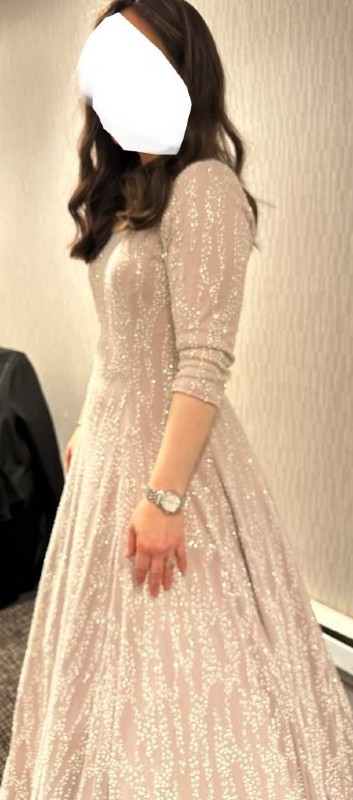 Exquisite Latte / Taupe Gown With White Sparkles For Sale.