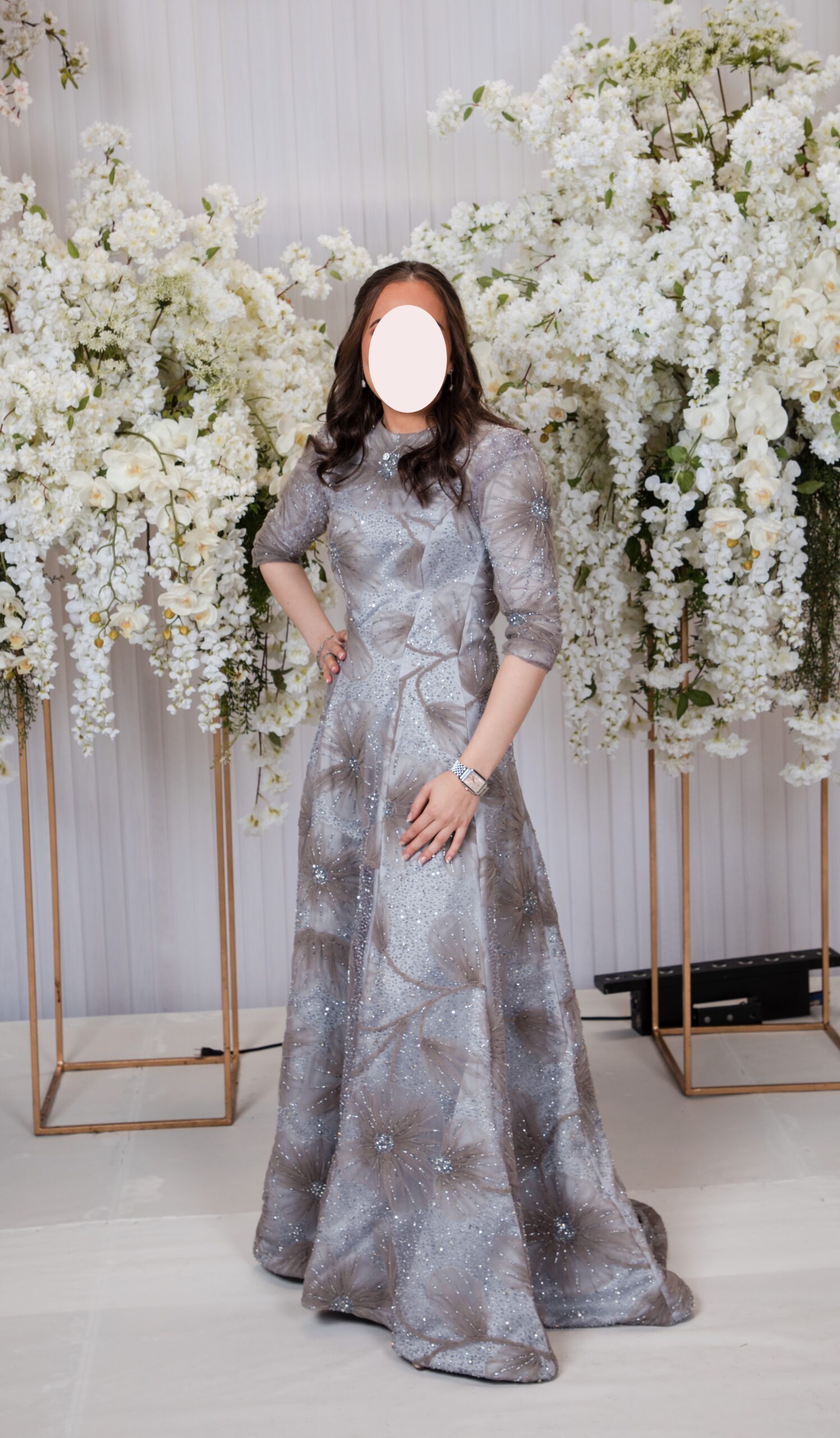 Elegant a-line floral beaded gray-silver gown for sale