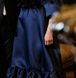 Magnificent & very flattering navy authentic silk gown with feathers for sale