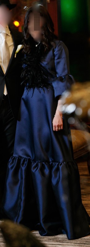 Magnificent & very flattering navy authentic silk gown with feathers for sale