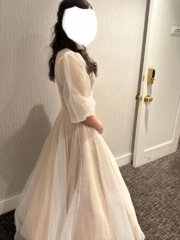 Exquisite Latte / Taupe Color with Ivory Overlay Gown For Sale.