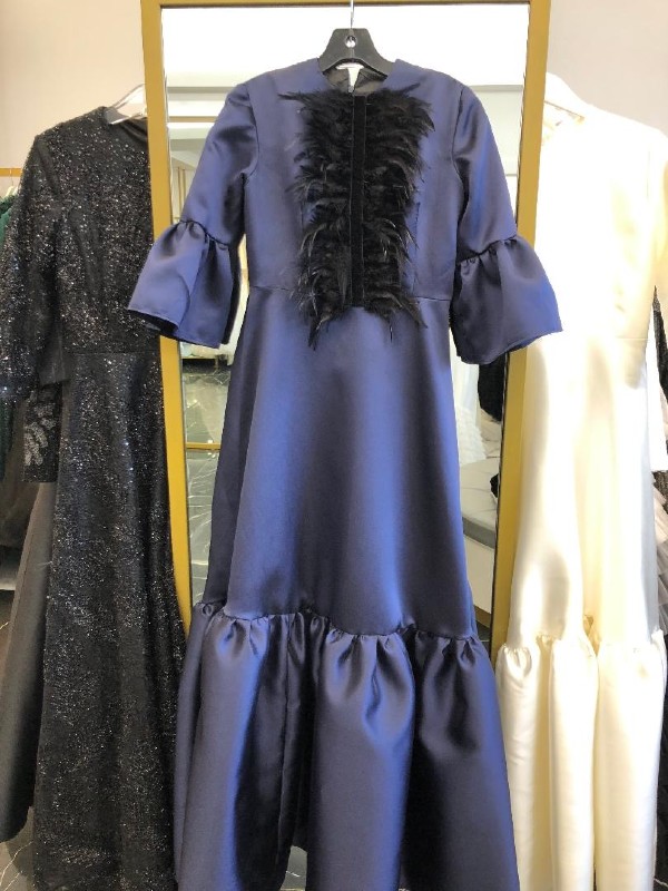 Magnificent & very flattering navy authentic silk gown with feathers for sale