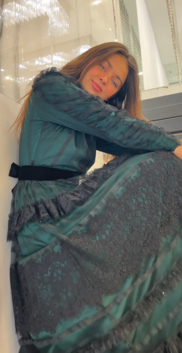 Green maxi dress with black soft tulle with shimmer for sale