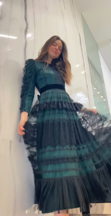 Green maxi dress with black soft tulle with shimmer for sale
