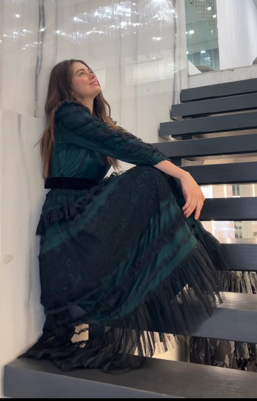 Green maxi dress with black soft tulle with shimmer for sale