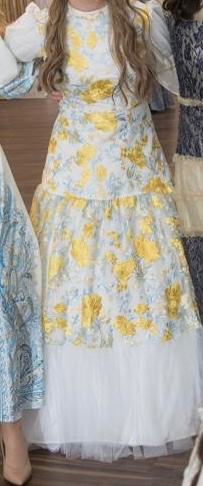 Unique Exquisite white gown with yellow and light blue flowers for sale