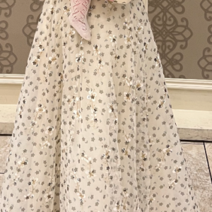 Stunning custom Studio by Silhouette cream gown with floral print and embroidered detail for sale