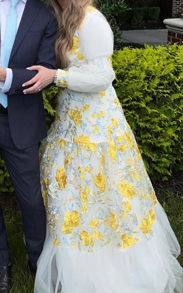 Unique Exquisite white gown with yellow and light blue flowers for sale