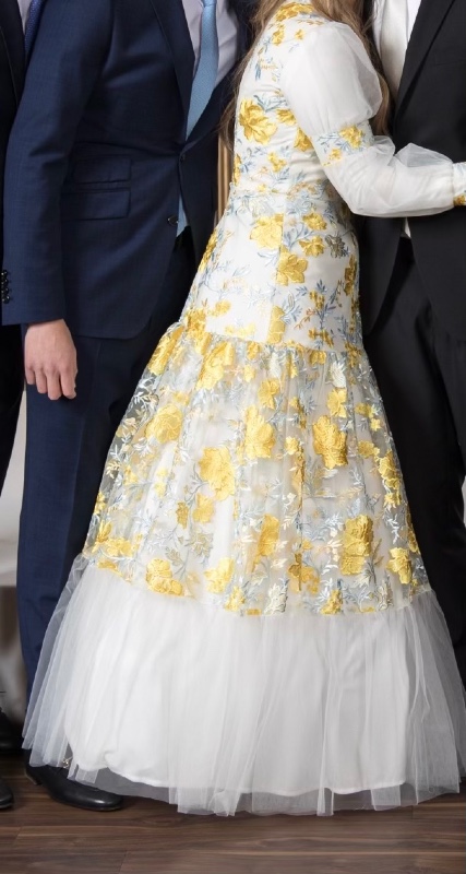 Unique Exquisite white gown with yellow and light blue flowers for sale