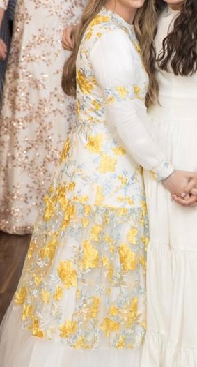 Unique Exquisite white gown with yellow and light blue flowers for sale
