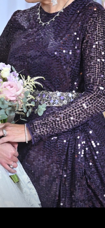Elegant eggplant colored draped sequin gown for sale