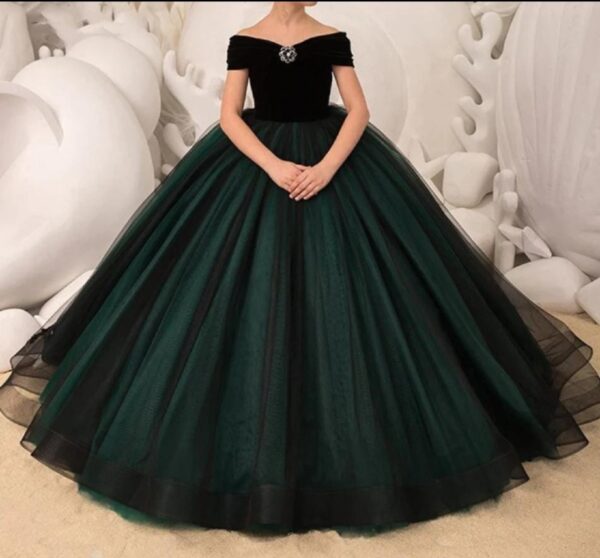 Elegant emerald green and black gown for sale