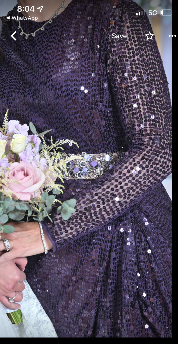 Elegant eggplant colored draped sequin gown for sale