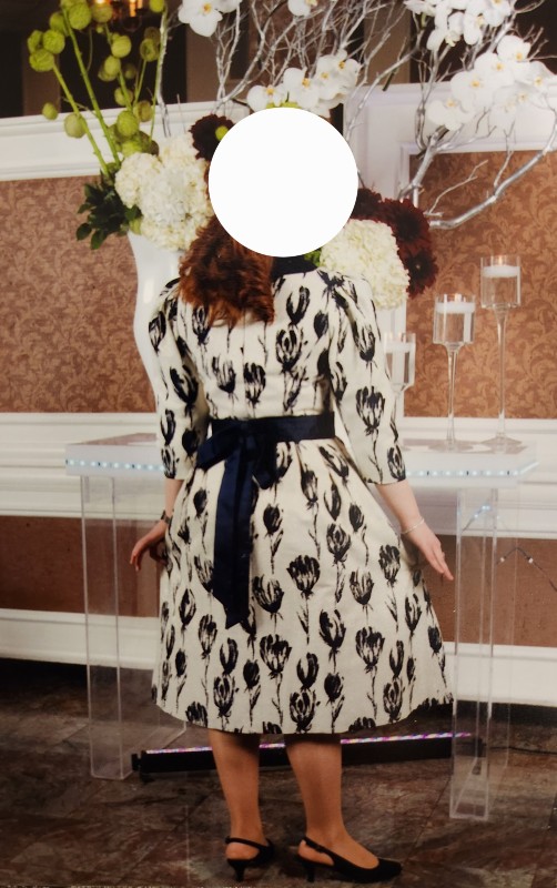 Elegant custom Pessy Lew navy, ivory & gold tulip designed brocade dress for sale