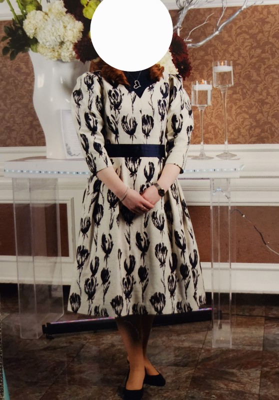 Elegant custom Pessy Lew navy, ivory & gold tulip designed brocade dress for sale