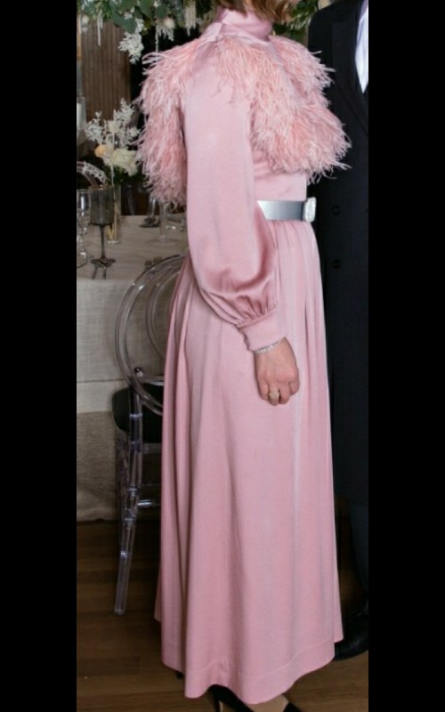 Valentino pink satin statement gown accented with Italian Ostrich feathers for sale