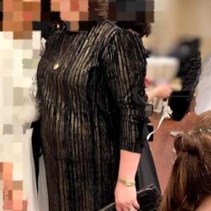 Black and gold slenderizing maternity dress for sale
