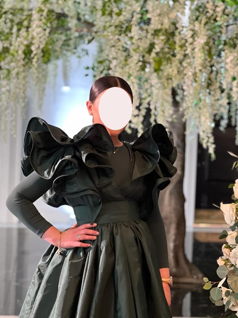 Green silk Italian taffeta gown with frill shoulder ruffles for sale