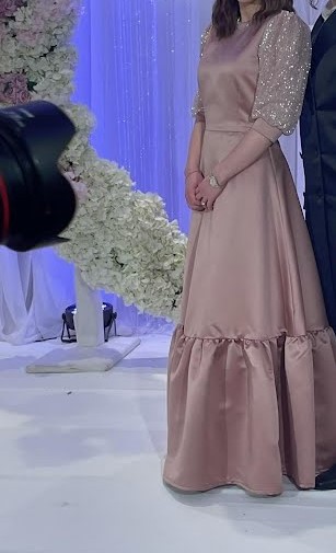Dusty Rose pink gown with glitter sleeves for sale